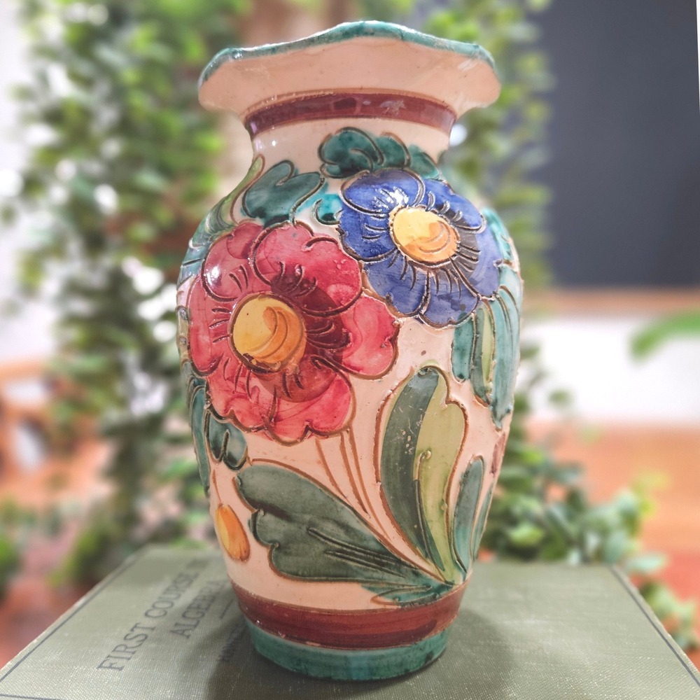 Vintage Hand Painted Floral and Sailboat Ceramic Bud Vase Ruffled Rim 6.5 inch